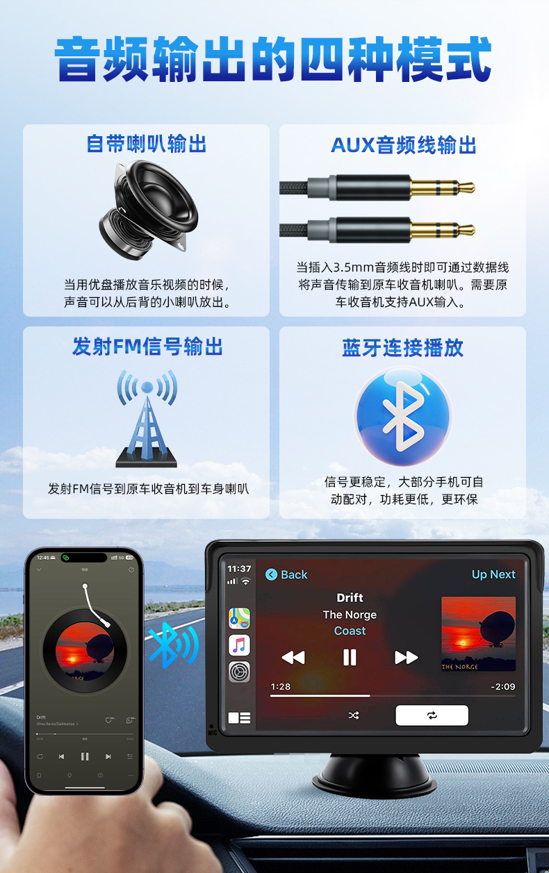 7inch Carplay Portable Navigation Auto Car Screen Projection Pnd Wireless Mp5 Bluetooth Player Reversing Image