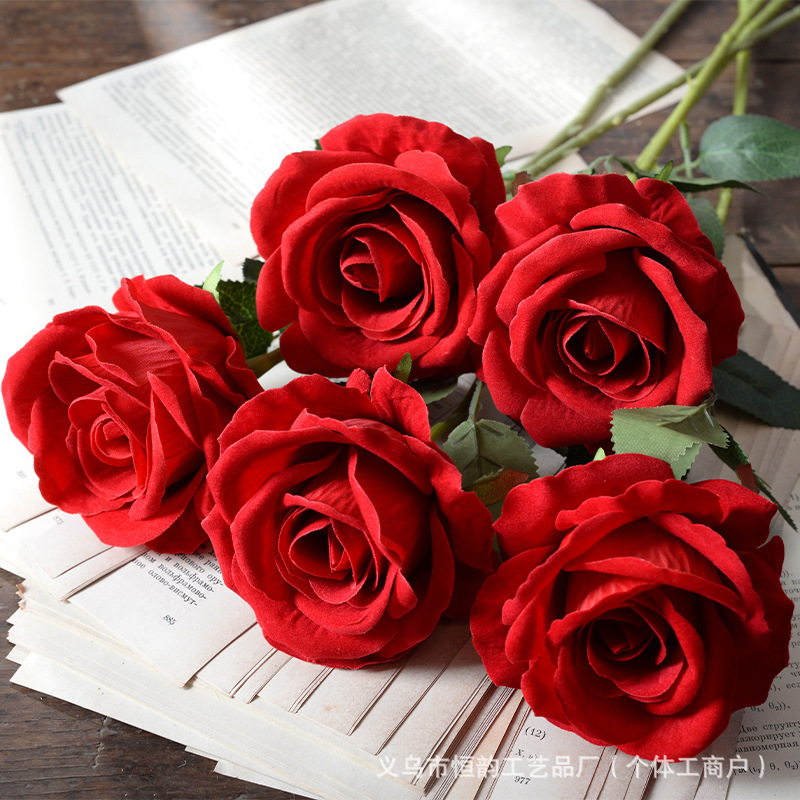 Simulated Velvet Rose Single Hand-Feel Fake Flower Wedding Home Valentine's Day Decoration High-End Bouquet Wall Waterfall