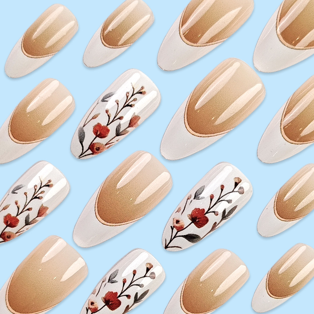 Polvo desnudo pintado a mano flor para usar uñas de almendra de borde blanco minimalista Uña diaria no lesiones parche de manicura