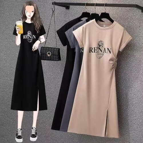 Women's Summer Plus-Size Design-Driven Casual Mid-Length Slit Dress with Short Sleeves for a Slimming, Figure-Hugging Fit
