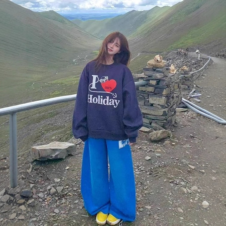 美式复古爱心印花圆领卫衣女秋冬季宽松慵懒风设计感小众遮肉上衣|undefined