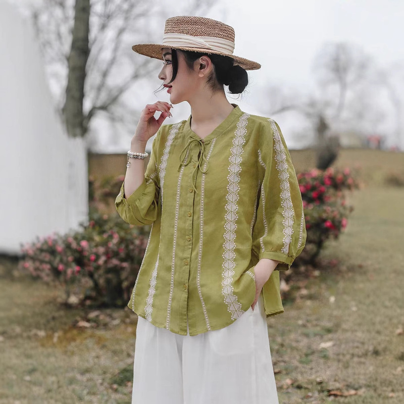 French Style Vintage Embroidered Lightweight Elegant Breathable Lace-Up Shirt Women's Loose Embroidered Lace Cotton Linen Top