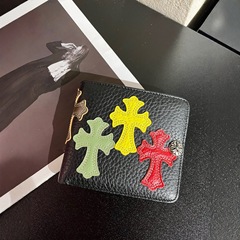 跨境潮牌克罗芯头层牛皮钱包彩色十字架拼接轻奢小众短款男女通用