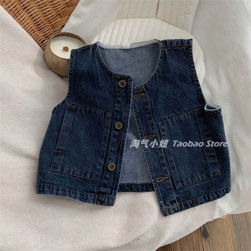 Korean Version Spring and Autumn New Boys and Girls Baby Fashion Denim Vest Children Versatile Color Backless Top Outerwear Trendy
