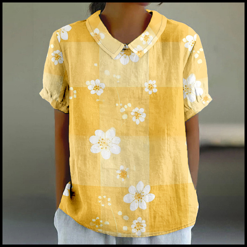 20253D Printed Floral Print Sweet Loose Casual Women's Turn-Down Collar Short Sleeve T-Shirt