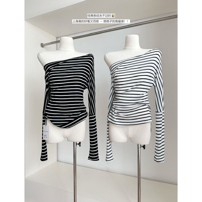 2025 Trendy Summer New Korean Style Striped Off-Shoulder Long-Sleeve T-Shirt Women's Top