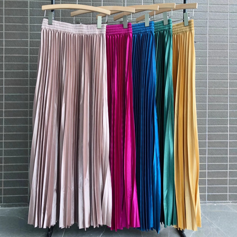 1 m Long Skirt High Waist Solid Color Mopping and Ankle Pearlescent Satin Pleated Skirt Large Swing A- shaped Umbrella Skirt 100cm