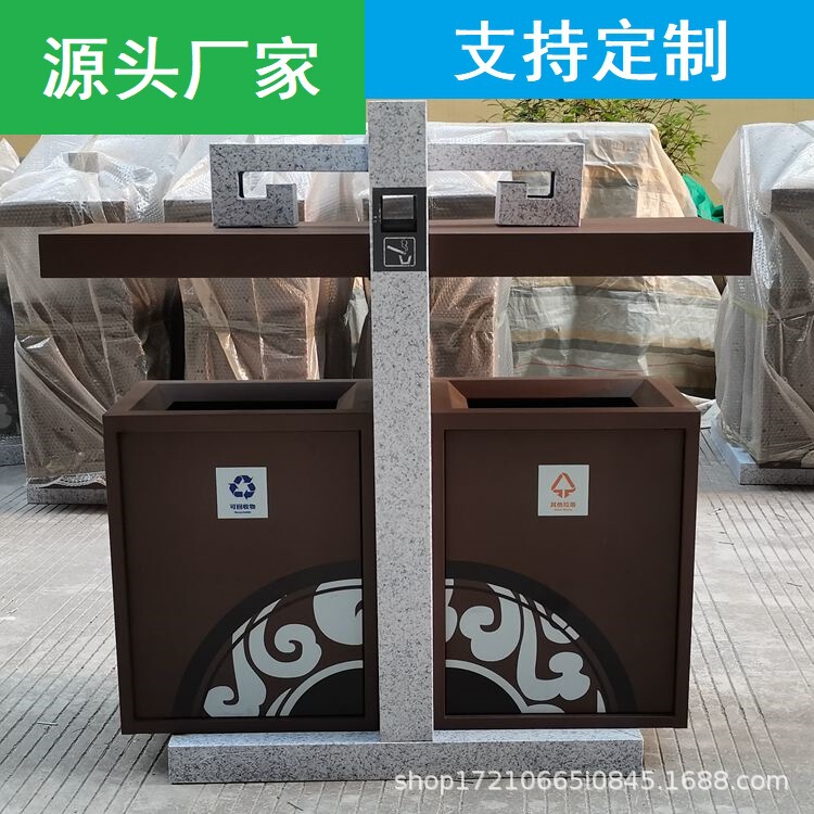 Imitation Wood Grain Outdoor Classified Trash Cans, Theme Park Scenic Area Chinese-Style Retro Trash Cans, Marble Fruit Peel Bins