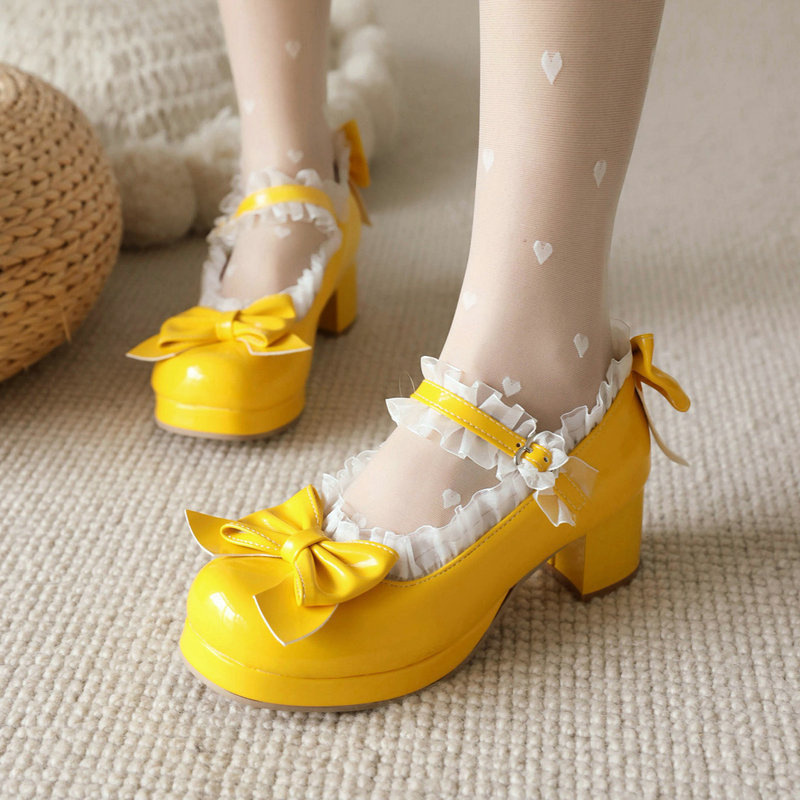 Patent Leather Sweet High-Heeled Shoes Thick Heel Women's Shoes Bow Spring and Summer New Round Toe Waterproof Platform Buckle Pumps Patent Leather Sweet High-Heeled Shoes Thick Heel Women's Shoes Bow Spring and Summer New Round Toe Waterproof Platform Buckle Pumps