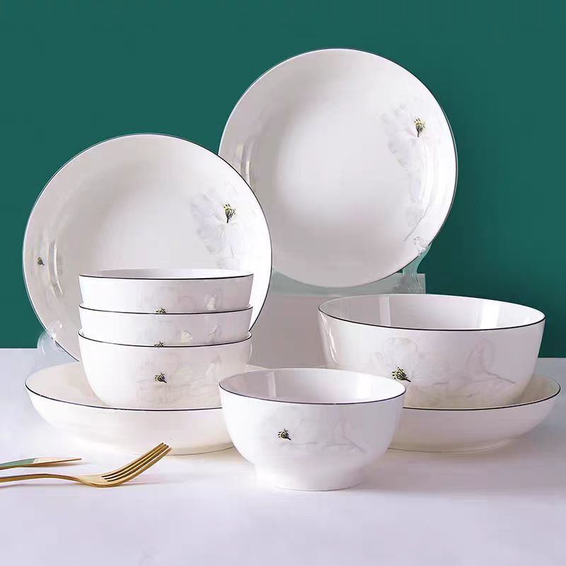 Nordic style ceramic suit gold peony series baked rice bowl soup bowl dish fruit salad plate microwaveable Nordic style ceramic suit gold peony series baked rice bowl soup bowl dish fruit salad plate microwaveable