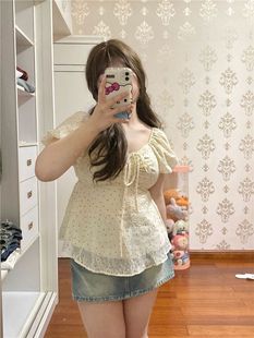 Plus Size Women's Sweet Square Neck Short-Sleeved Shirt Women's Summer Puff Sleeve Chic Lace-Up Short Floral Top Women