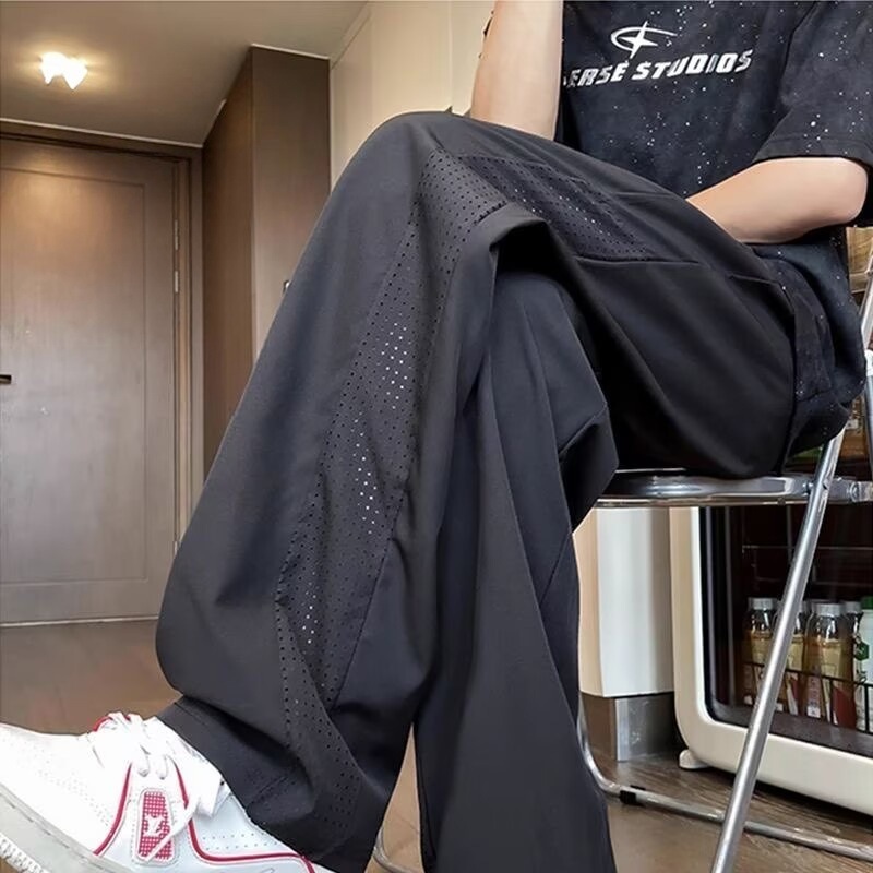 Summer thin ice silk breathable quick-drying long pants for boys, junior high school students, teenagers, loose straight leg casual pants