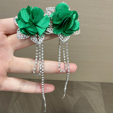 民族风气质布艺花朵流苏镶钻链条耳环高级前后式佩戴新款耳饰小众