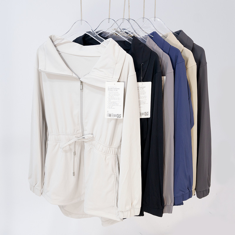 Lulu-Style Yoga Jacket with High Collar and Waist Cinching, Women's Sports Coat with Turn-Down Collar, Loose Fit, Long Sleeves, and Waist-Tie Design