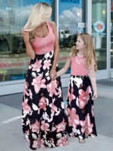 Blue Sleeves Scoop Neck Floral Print Dress For Mom And