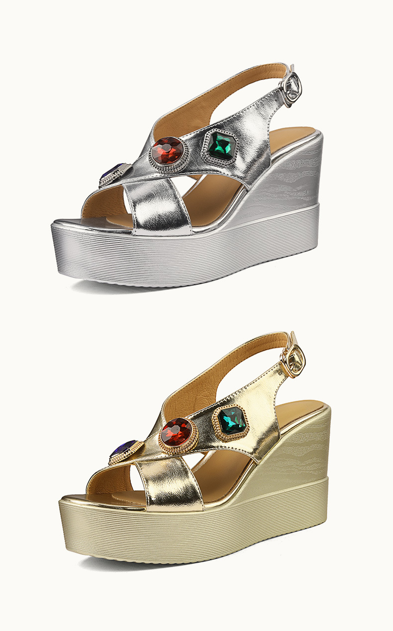 Sandal miệng cá vàng kiểu Pháp đế xuồng cao gót đính đá màu lớn — Màu vàng, Màu bạc chi tiết 9