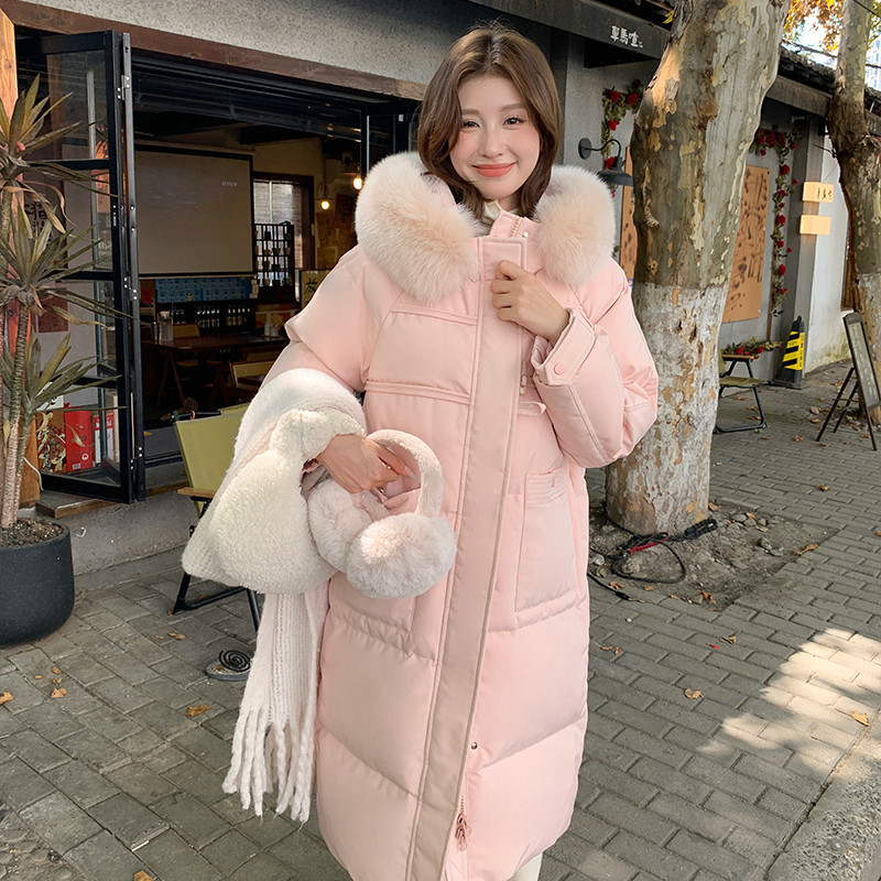 Horn Button down Jacket for Women 2025 New Style Over-The-Knee Mid-Length White Duck down Large Fur Collar Thickeneded Loose Winter Jacket