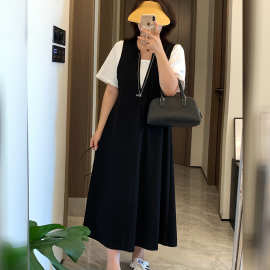 DD2026年夏季新款大码女装短袖长裙拉链撞色假两件连衣裙W-327