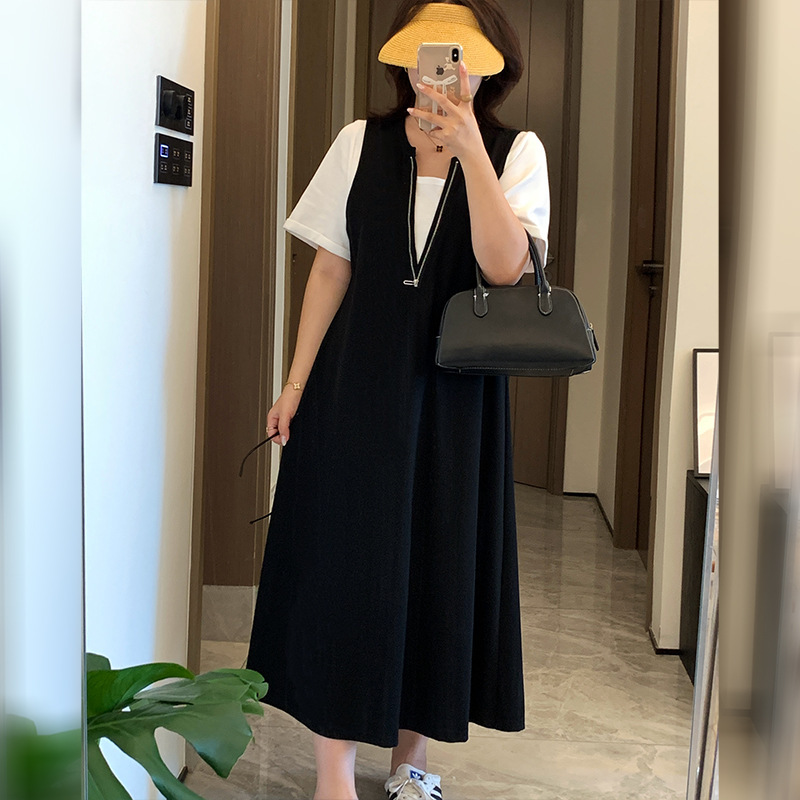 Dd2026 New Summer Style Plus-Size Women's Short-Sleeved Long Dress with Zipper and Contrasting Color Fake Two-Piece Dress W-327 Dd2026 New Summer Style Plus-Size Women's Short-Sleeved Long Dress with Zipper and Contrasting Color Fake Two-Piece Dress W-327