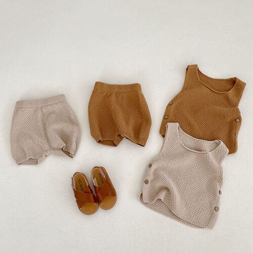  summer ins baby knitted sweater thin vest buttoned top + shorts 2-piece suit for male and female babies