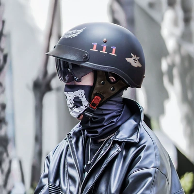 Motorcycle Helmet Electric Vehicle 3C Summer Helmet Certified Retro Half Helmet Summer Motorcycle Helmet Scoop Helmet for Men and Women (Motosiklet kaskı (dəbilqə)) - 112-security-officer-black-with-black-mirror-m