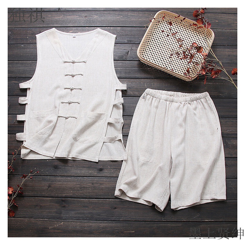 Tang Dress Thin Vest Collarless Vest Shorts suit Men's Summer Sleeveless Waistcoat Linen Old Headline Shirt Chinese Style Waistcoat