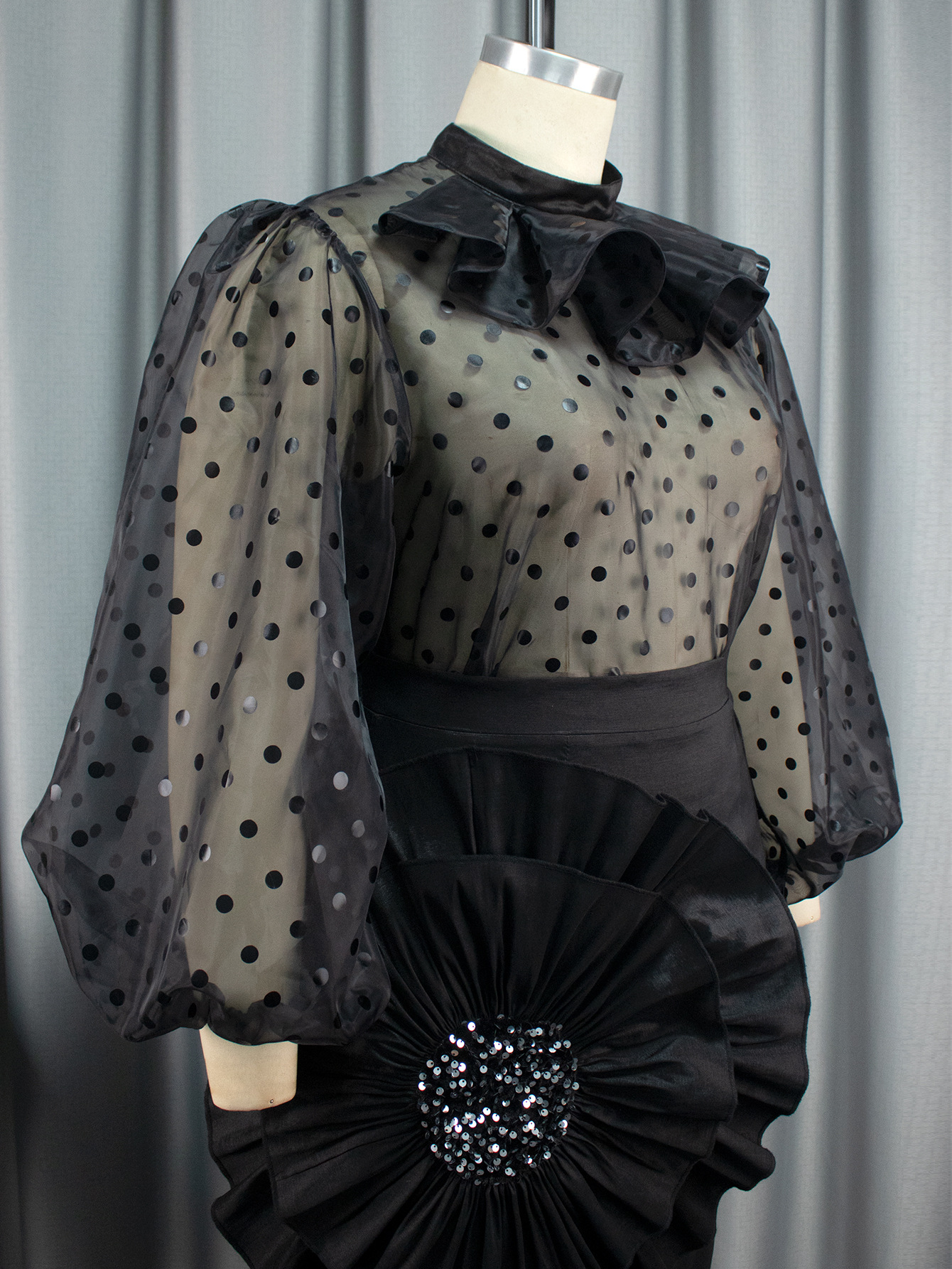 Women's Clothing Sexy see through polka dot mesh blouse suit Three dimensional floral skirt two piece set Two piece set_voghion.com
