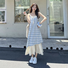 蕾丝拼接格子吊带裙连衣裙女夏季新款清新宽松显瘦假两件裙子