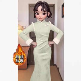 新中式国风秋冬新款提花加绒加厚翻毛袖花边长款立领修身女旗袍裙
