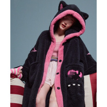 猫耳朵珊瑚绒加厚睡袍女冬季浴袍长裤开衫爱心法兰绒家居服套装