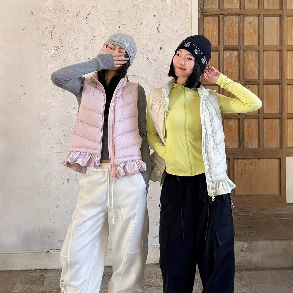 四媛 多色花边立领羽绒背心2025冬季新款设计感荷叶边马甲外套女