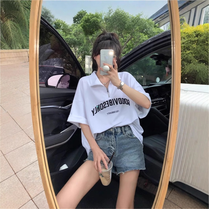 chubby girl 0.50 kg-100.00 kg plus size Polo Shirt Lel Top Mid-length Loose Slim Flesh Covering Shoulder Short-sleeved T-shirt for Women