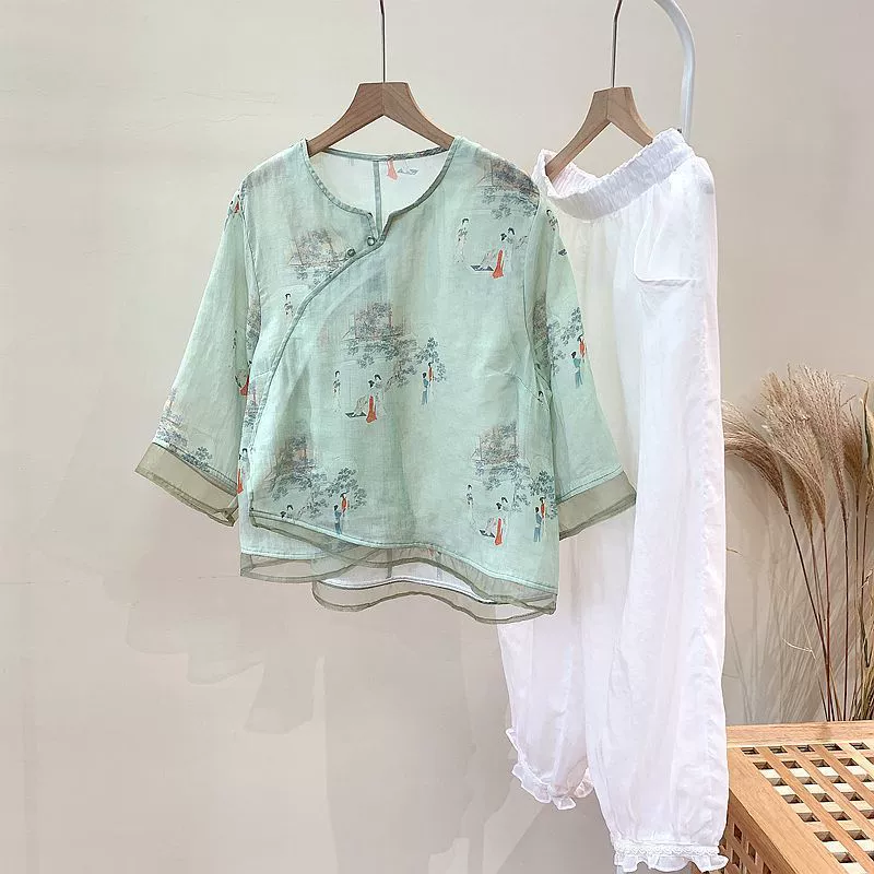 Летние женские топы 2025 года в стиле этнического принта, свободные, из рами, в стиле китайского дзен, новые, стильные и свежие.