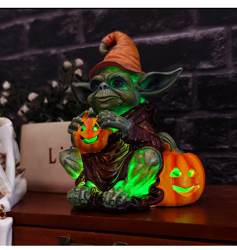 Home & Garden Halloween holding pumpkin lantern elf resin craft ornaments home desktop luminous goblin doll decoration_voghion.com