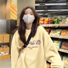 奶黄色银狐绒圆领卫衣女秋冬加绒加厚oversize小众设计感无帽上衣