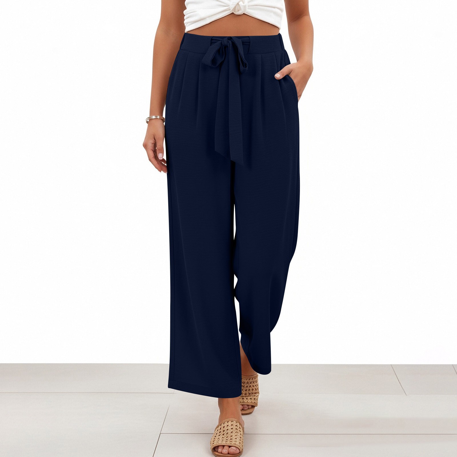 2026 primavera y verano Europa y América transfronterizos Amazon nueve pantalones de color sólido nuevo cinturón de damas pantalones casuales de piernas anchas image 5