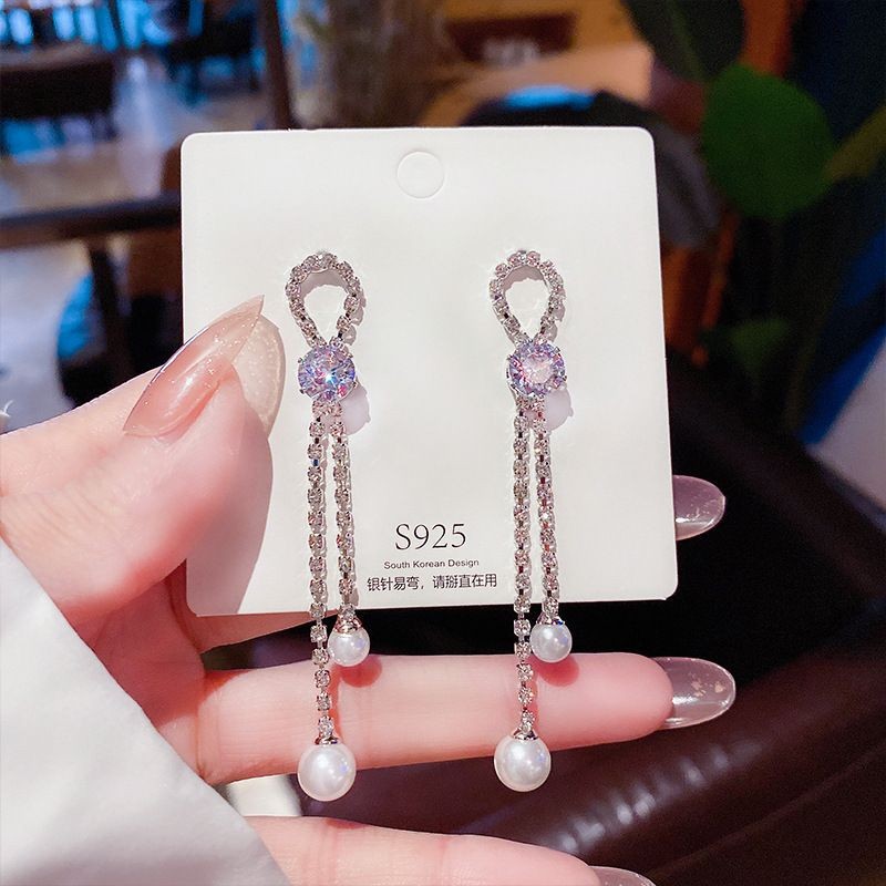 时尚锆石珍珠耳饰小众百搭高级感耳坠女韩国气质仙女长款流苏耳环