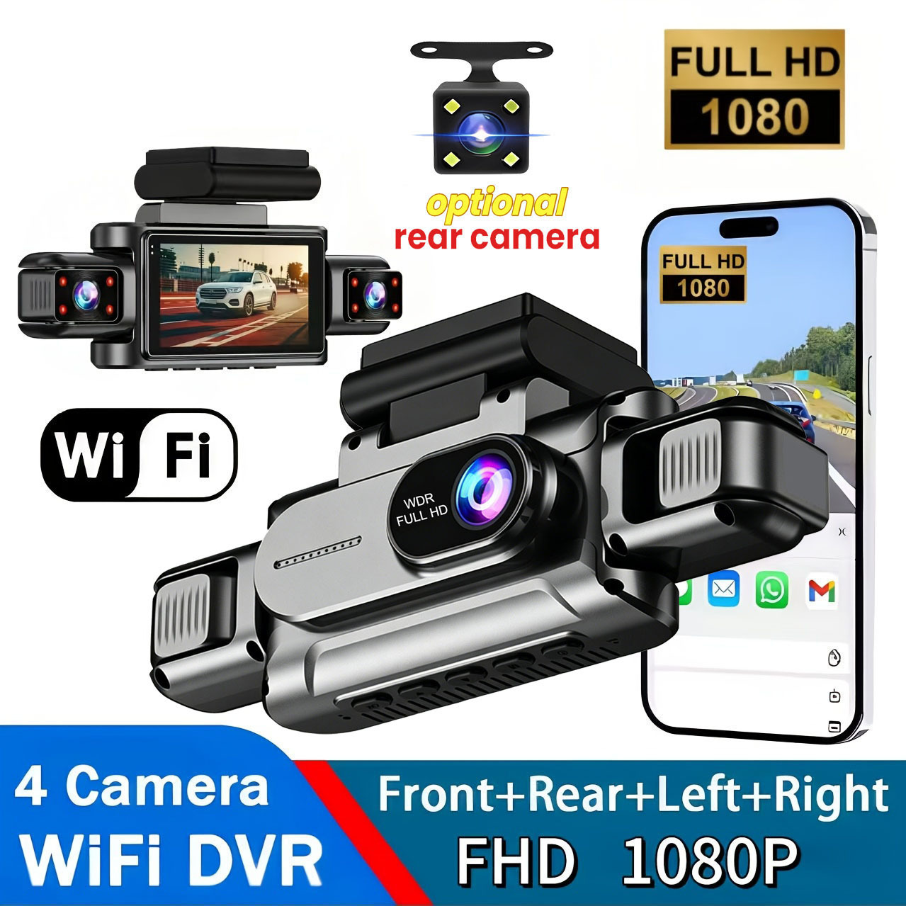 Four-channel dashcam with 1080P infrared night vision, providing front, rear, left, and right panoramic views for vehicle monitoring and recording, suitable for ride-hailing services