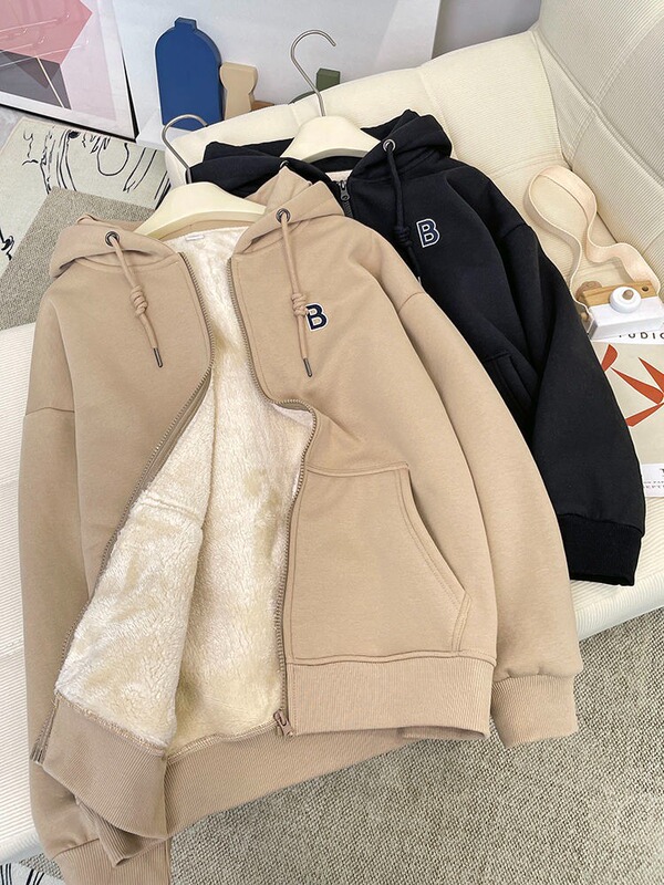 ベルベットは北極のベルベットを厚くして帽子付きのガーディアン女性秋冬の新しいゆるい保温女性長袖カーディガンのジッパーコートを厚くした|undefined