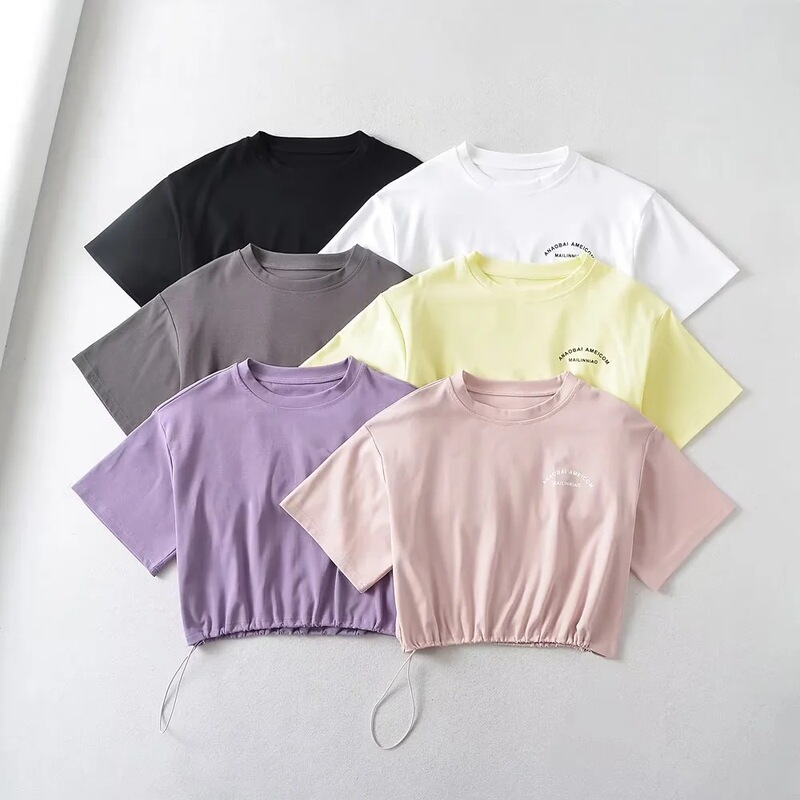 European and American style drawstring loose short-sleeved women's 2023 Summer new letter printed navel T-shirt short top