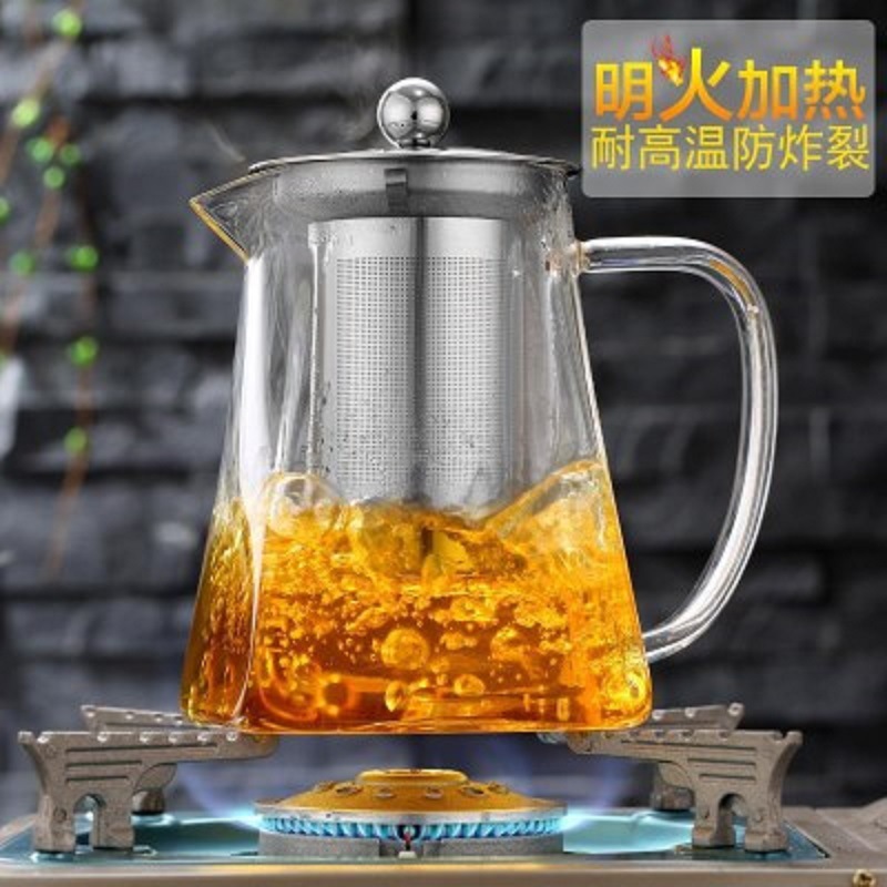 Tetera cuadrada de vidrio grueso con filtro de acero inoxidable resistente al calor, para té de flores/infusión, venta al por mayor de fábrica