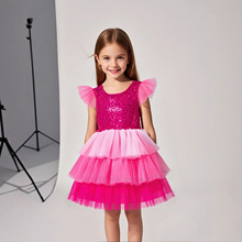 【跨境欧美】女童新款亮片飞飞袖连衣裙亮片渐变色甜美礼服蛋糕裙