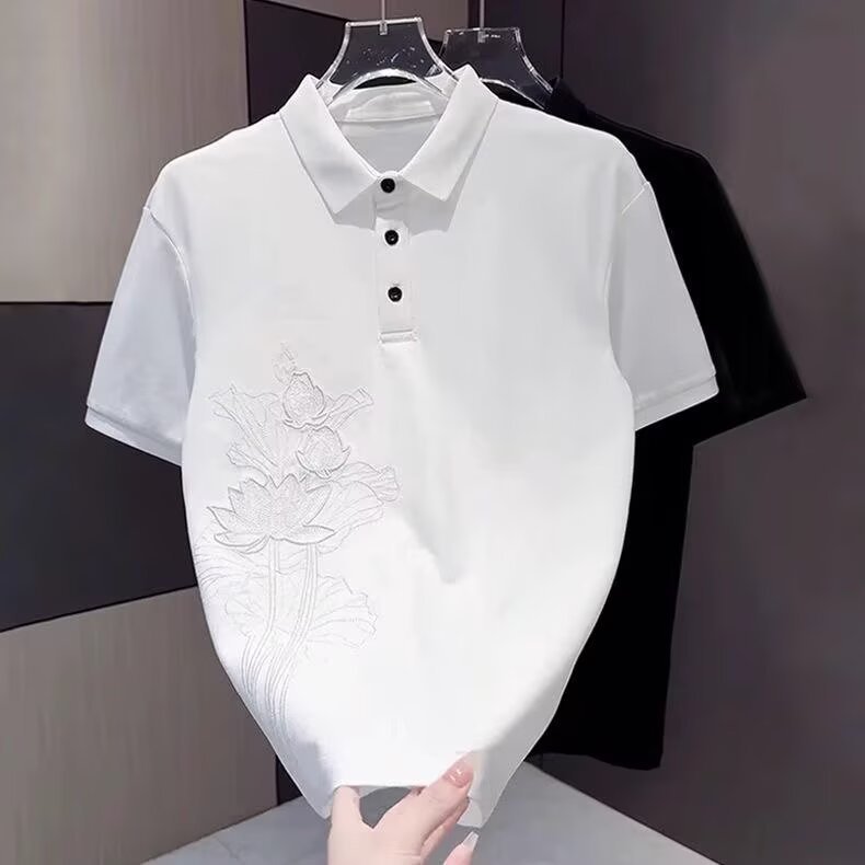 Cross-Border Summer Chinese Style Lotus Embroidered Lapel Polo Shirt for Men, Simple, Handsome, Fashionable and Slim-Fitting Top