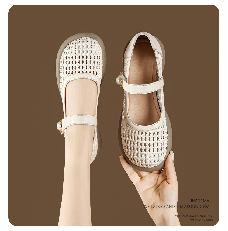 Sandal nữ da thật quai chữ V đan móc mũi kín đế mềm — màu be chi tiết 9