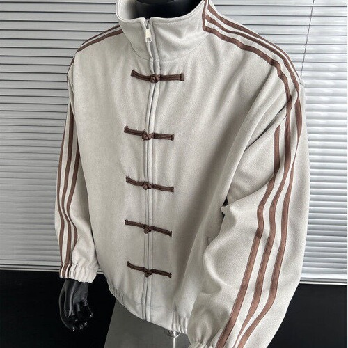 Blue and white spliced ​​three-stripe stand-up collar jacket, popular autumn wear for men, new Chinese-style button-down Tang suit top