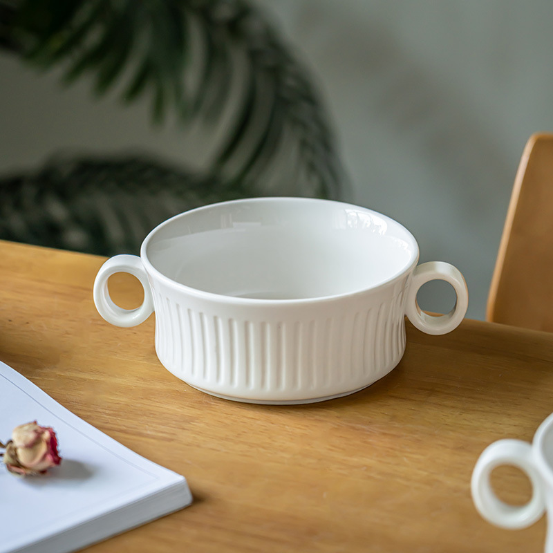 Tacos de cerámica coreana verticales de doble oreja simple cuenco de fideos redondo cuenco de ensalada de frutas caseras cuenco de yogur cubiertos