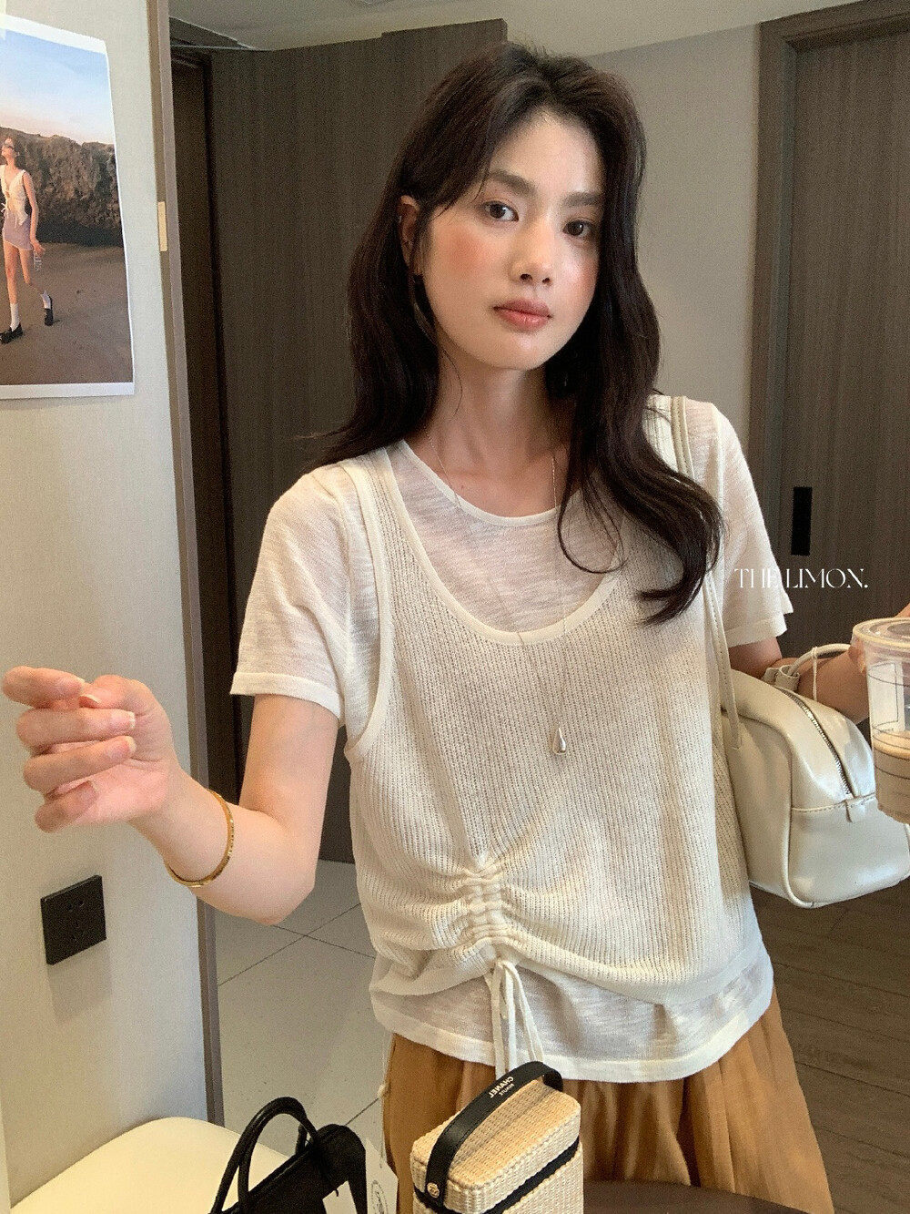 Áo thun nữ tay ngắn cổ tròn sọc kẻ phối ren giả hai lớp chất liệu tre gai thoáng mát — xám đậm, xám nhạt, Hạnh đen sọc, màu mơ chi tiết 19