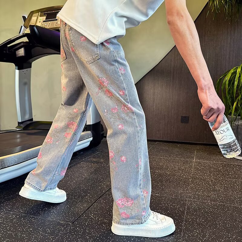 Unique Peach Blossom Loose Straight-Leg Jeans for Men, American Style Ins High Street Flared Pants, Summer Trendy Brand Designer Pants