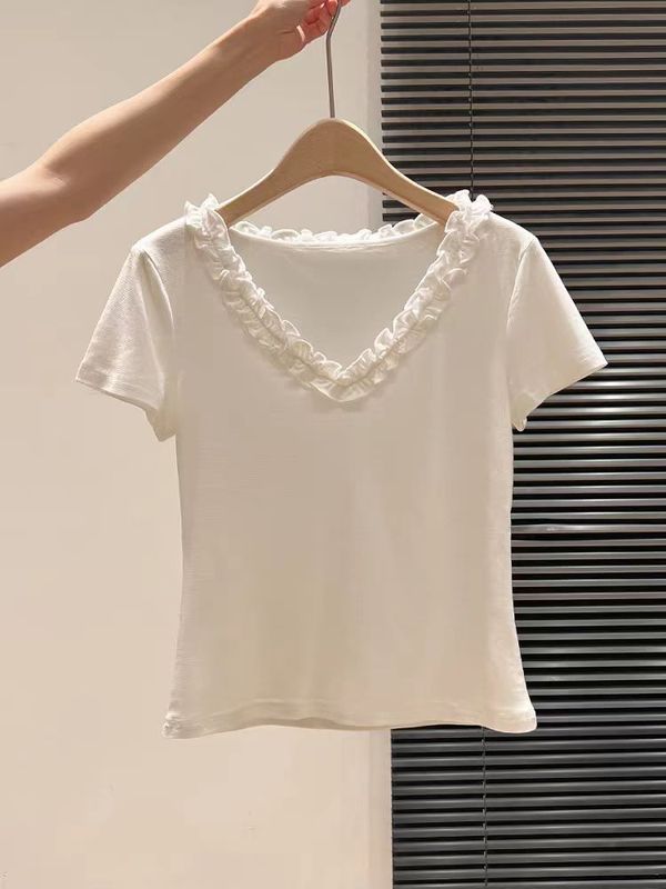 純綿フレンチ V ネックレースステッチ白半袖 T シャツ女性のための夏 2025 新しいスリムフィットホットガールトップ|undefined