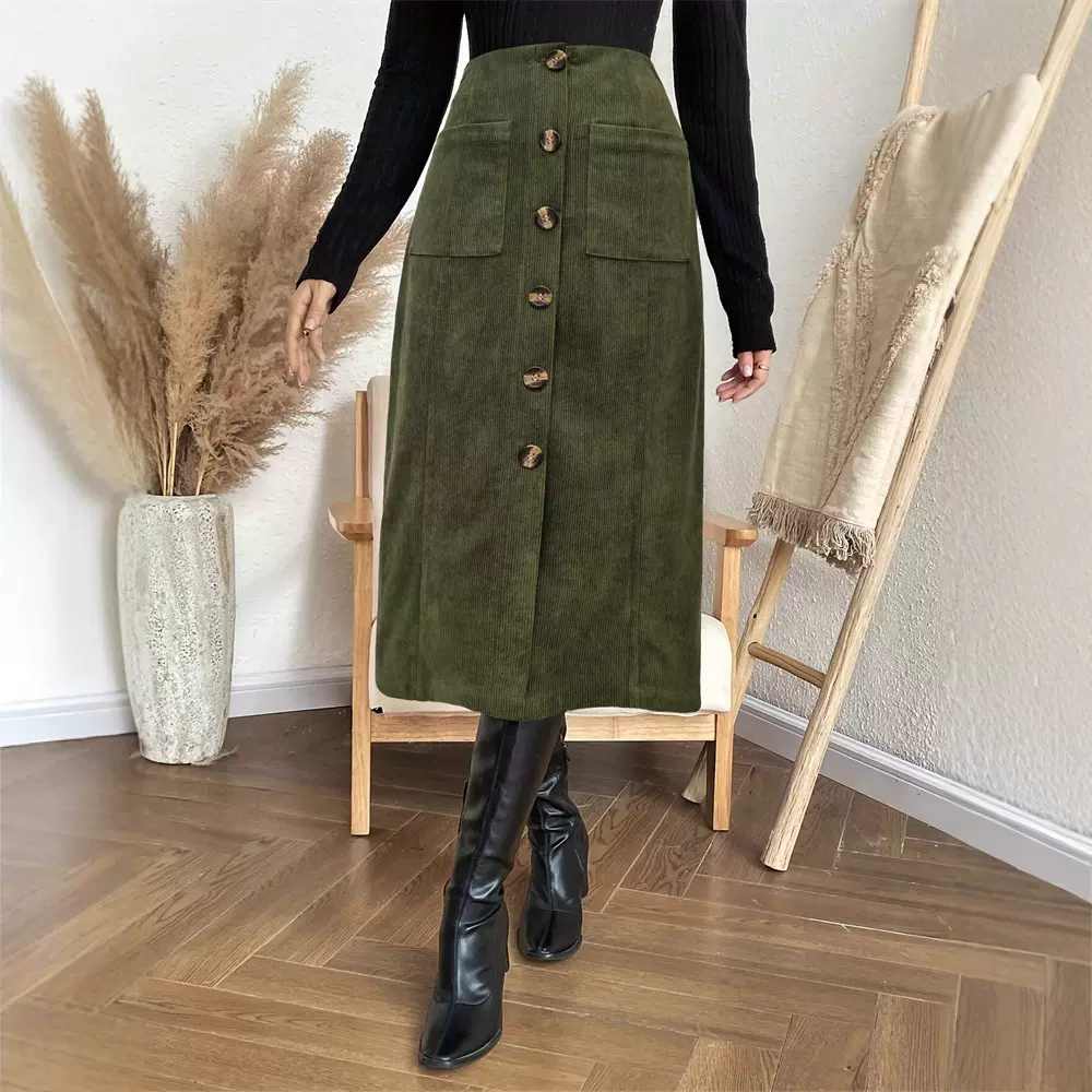 女装秋季新款裙子休闲通勤橡筋腰排扣贴袋假门襟直筒中长款半身裙